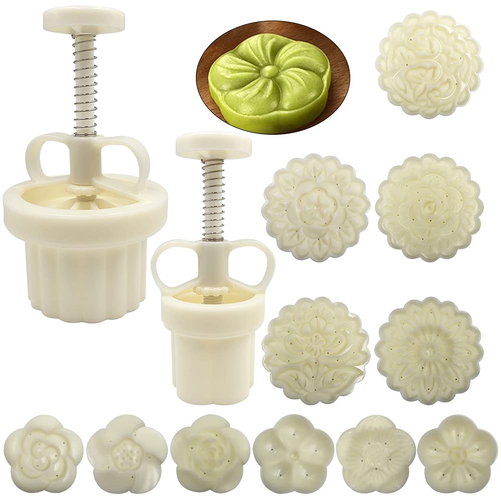 FineGood 2 Set Mooncake Mould Press with 11 Stapms, FineGood DIY Cookie Cutter 50g 100g Flower Press Mooncake Mould Hand Pressure Mooncake Baking Tools
