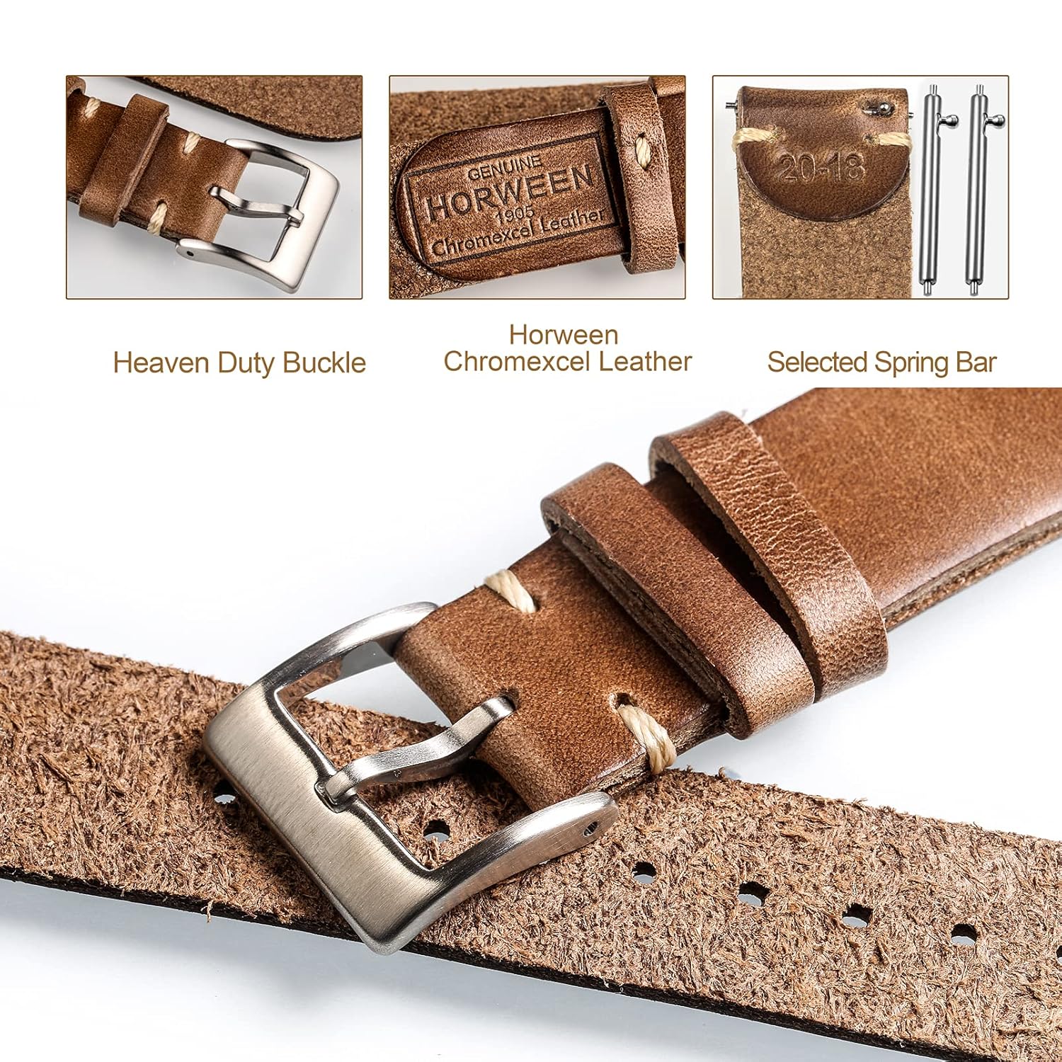 hemsut h Horween Leather Watch Bands for Men 18mm Quick Release Vintage Strap with Heavy Duty Dust Buckle - View 4 of 9