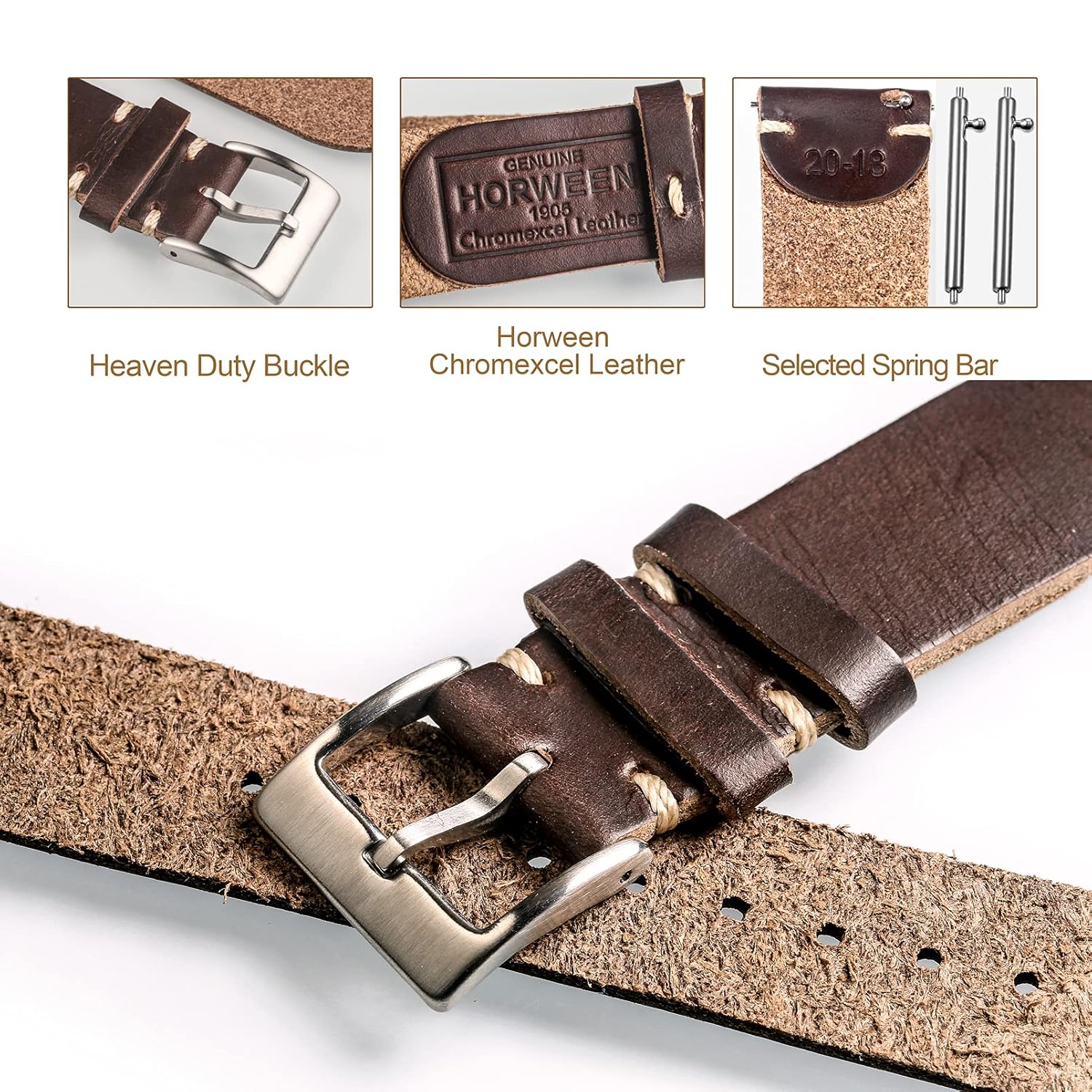 hemsut h 20mm Soft Horween Leather Watch Bands Quick Release Handmade Vintage Straps for Men and Women - View 4 of 8
