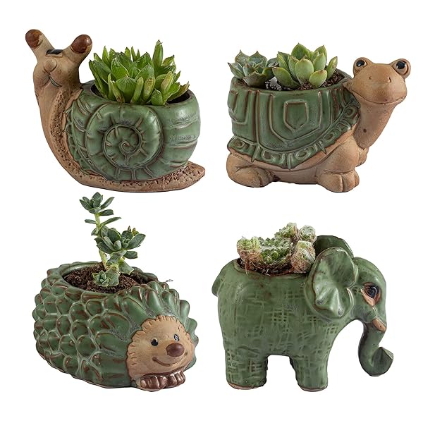 godealio Set of 4 Cute Ceramic Animal Succulent Pots with Drainage - Perfect for Indoor Decor & Gifts