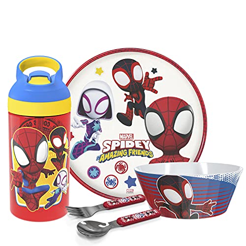 Zak Designs Zak! Marvel Spidey Dinnerware Set for Kids - 5-Piece Durable Plastic & Stainless Steel - Perfect for Ages 3+
