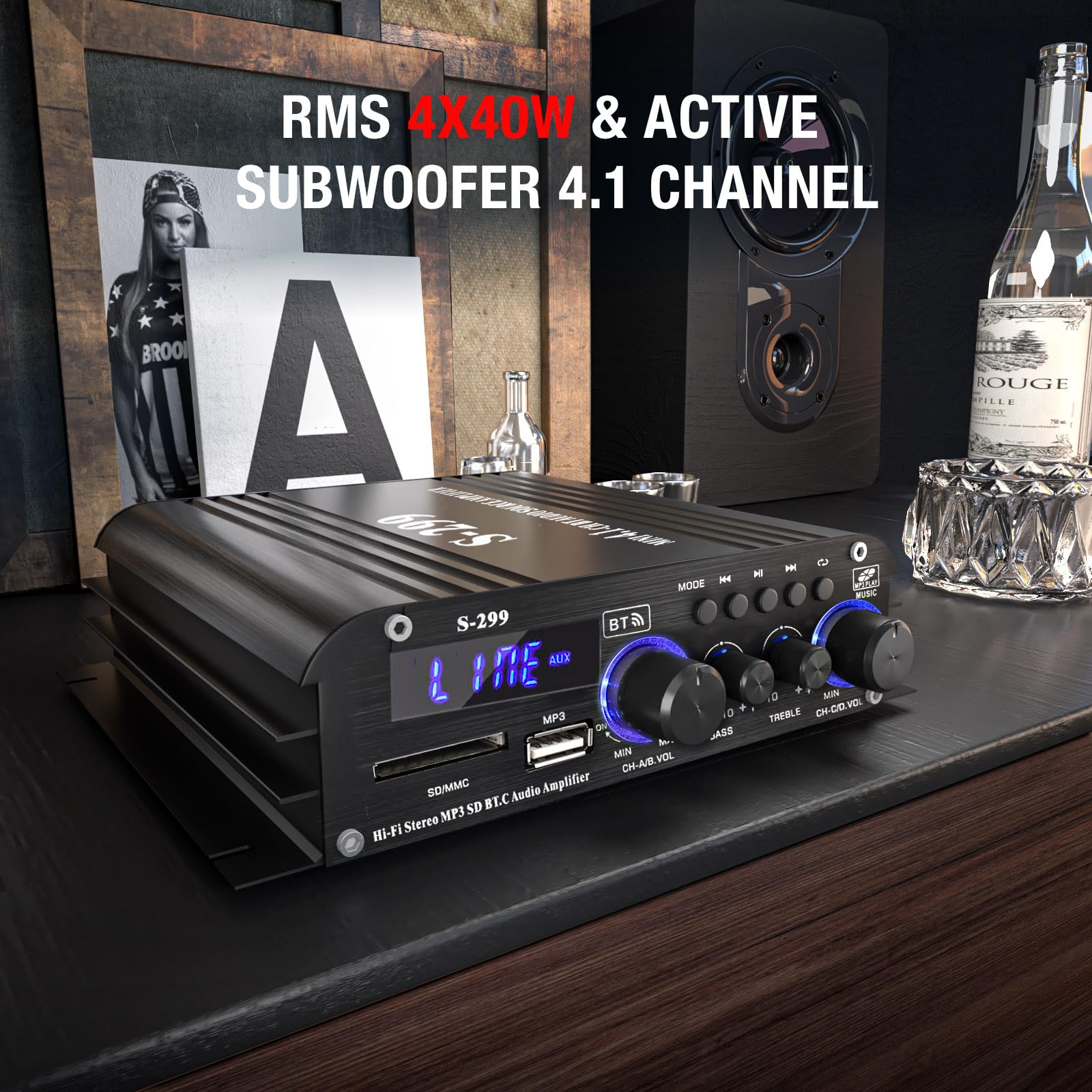 Facmogu Facmogu S-299 4.1CH Bluetooth Power Amplifier with Active Subwoofer Output (NOT Passive Subwoofer), Max 800W RMS 40Wx4 Subwoofer Amplifier Hi-Fi - View 3 of 8