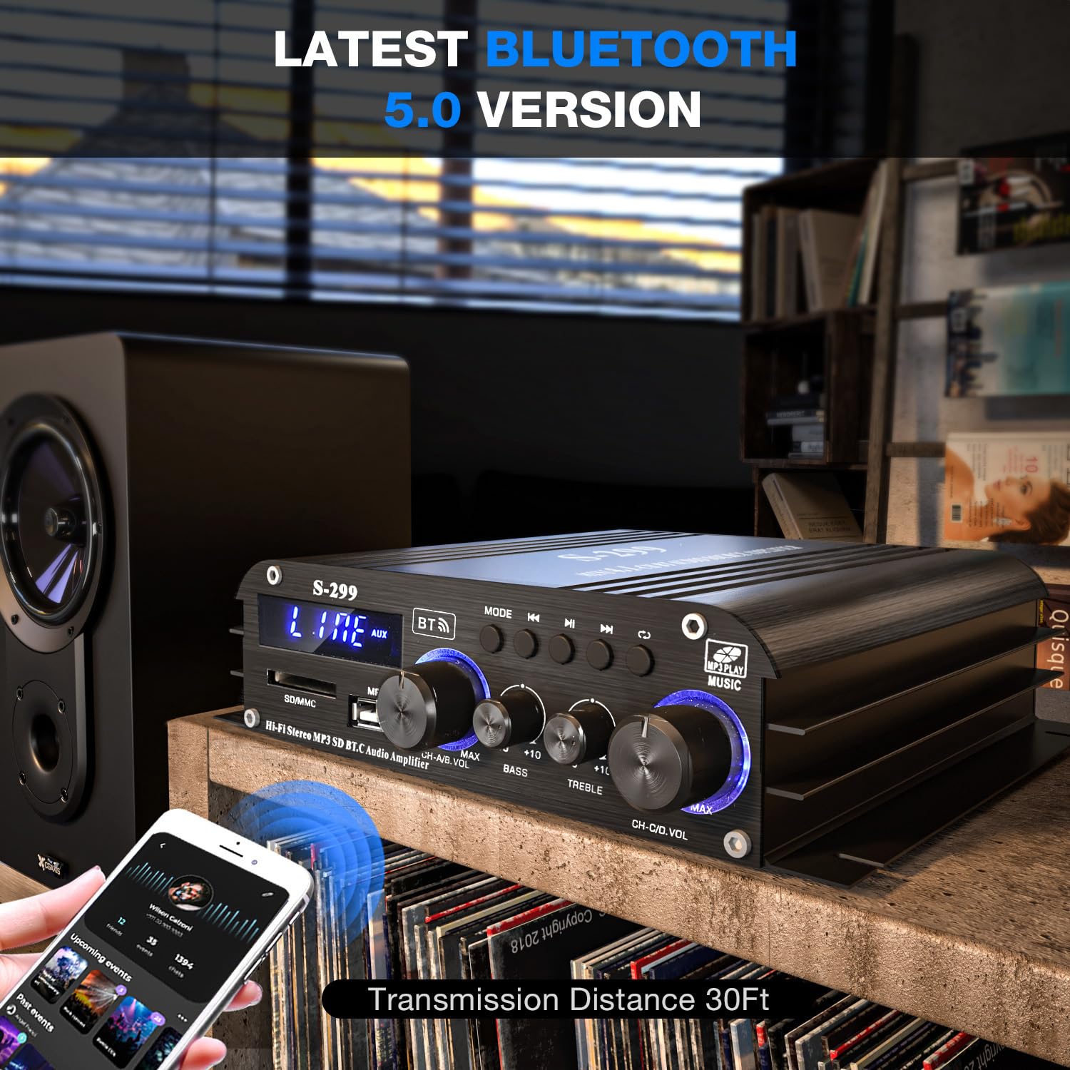 Facmogu Facmogu S-299 4.1CH Bluetooth Power Amplifier with Active Subwoofer Output (NOT Passive Subwoofer), Max 800W RMS 40Wx4 Subwoofer Amplifier Hi-Fi - View 4 of 8