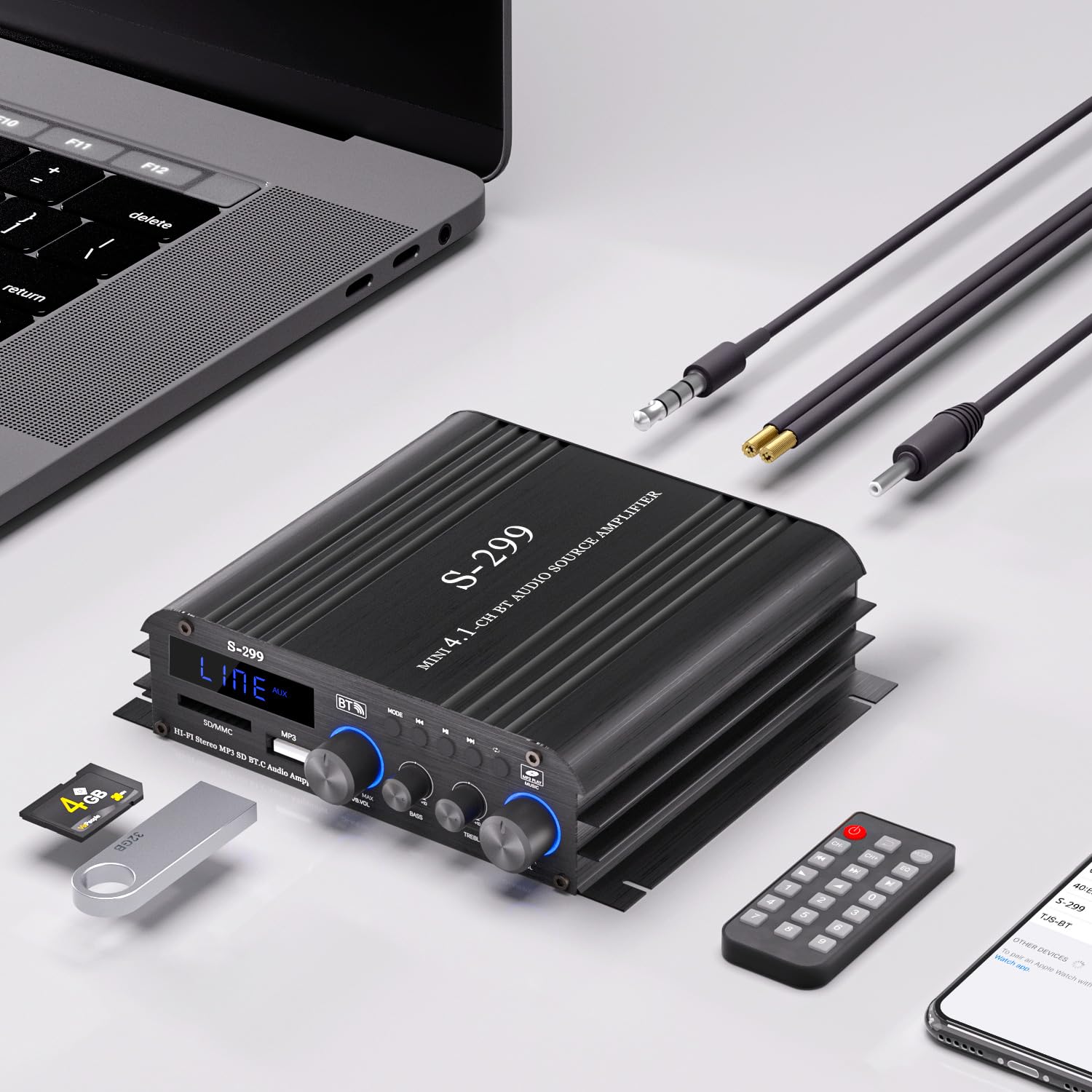 Facmogu Facmogu S-299 4.1CH Bluetooth Power Amplifier with Active Subwoofer Output (NOT Passive Subwoofer), Max 800W RMS 40Wx4 Subwoofer Amplifier Hi-Fi - View 6 of 8