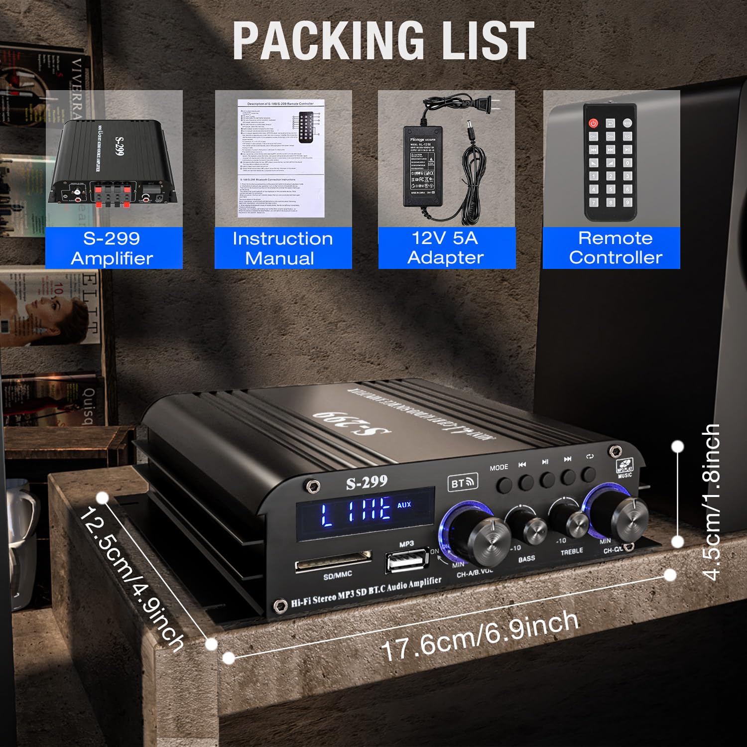 Facmogu Facmogu S-299 4.1CH Bluetooth Power Amplifier with Active Subwoofer Output (NOT Passive Subwoofer), Max 800W RMS 40Wx4 Subwoofer Amplifier Hi-Fi - View 7 of 8