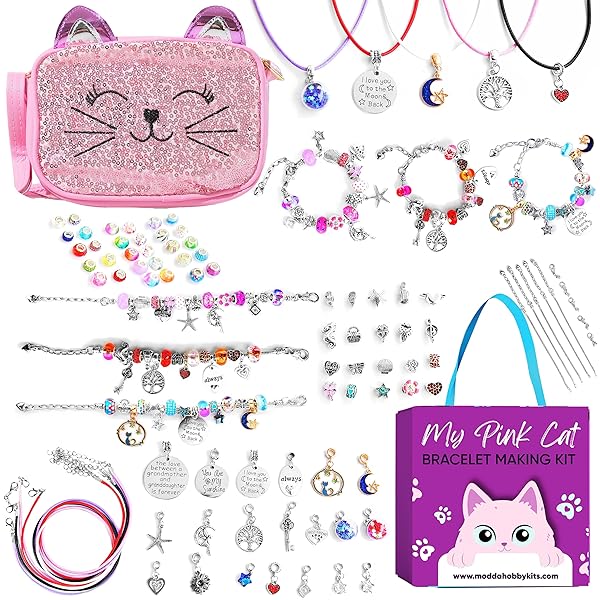 MODDA MODDA Charm Bracelet Making Kit - 80 Pcs DIY Jewelry for Girls 5-12 with Cute Cat Bag | Perfect Gifts & Crafts