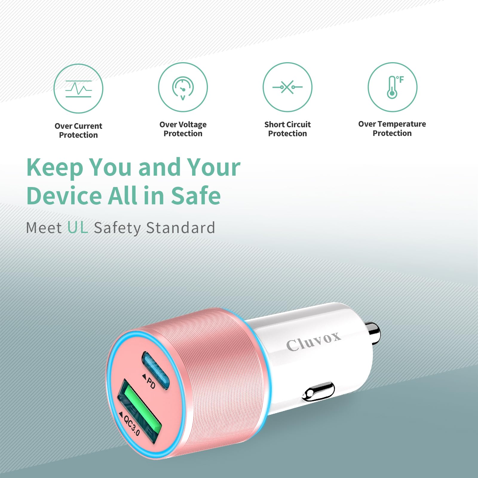 Cluvox Cluvox 20W Dual USB Car Charger Adapter Fast Charge for iPhone iPad Google Pixel Samsung Pink - View 3 of 7