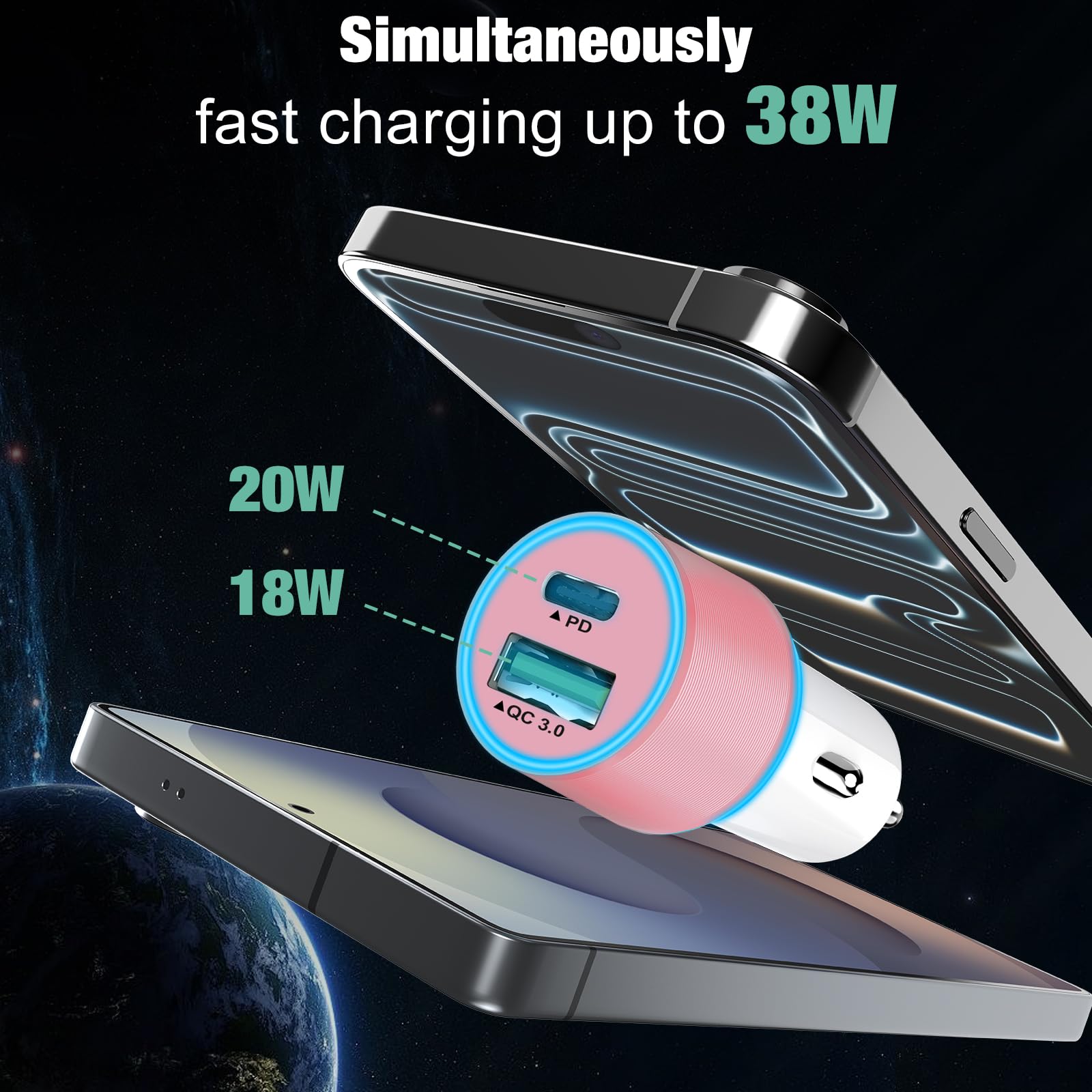 Cluvox Cluvox 20W Dual USB Car Charger Adapter Fast Charge for iPhone iPad Google Pixel Samsung Pink - View 4 of 7