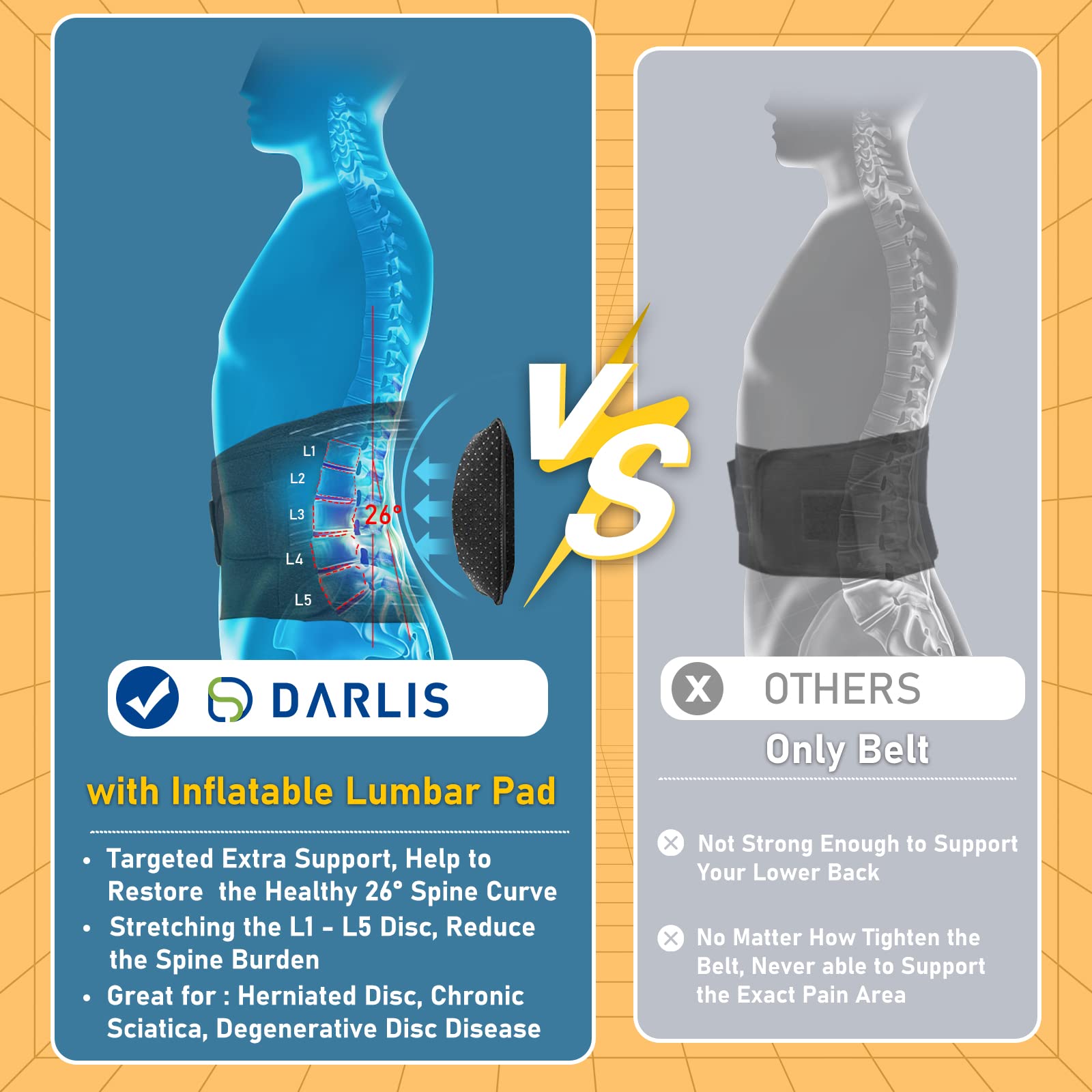 DARLIS DARLIS Back Brace Support Belt with Inflatable Lumbar Pad - Extra Support for Lower Back Pain, Herniated Disc, Sciatica, Scoliosis, Adjustable - View 4 of 7