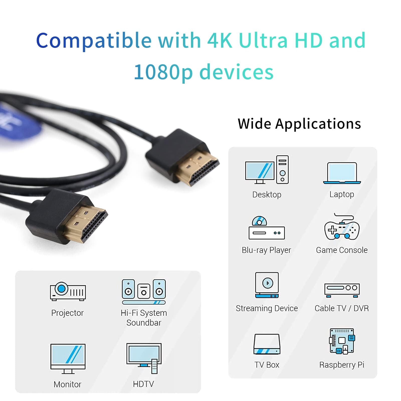 EONVIC High Speed 2.0 HDMI Thin Flexible Cable for Z-CAM F6 Atomos Ninja V Portkeys BM5 Monitor - View 5 of 8