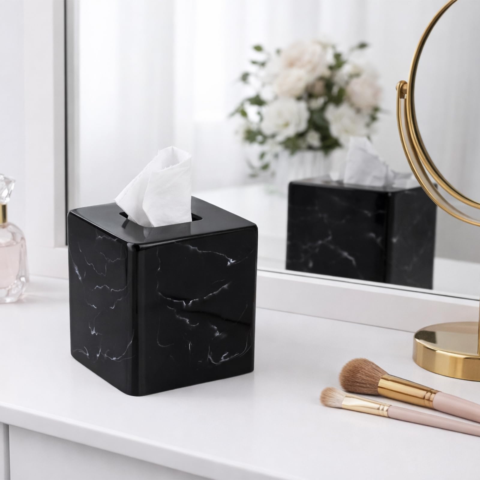 Jung Ford JUNGFORD Square Tissue Box Cover, Facial Napkin Holder for Living Room Office Bathroom, Marble Pattern Made of Resin (Black) - View 3 of 6