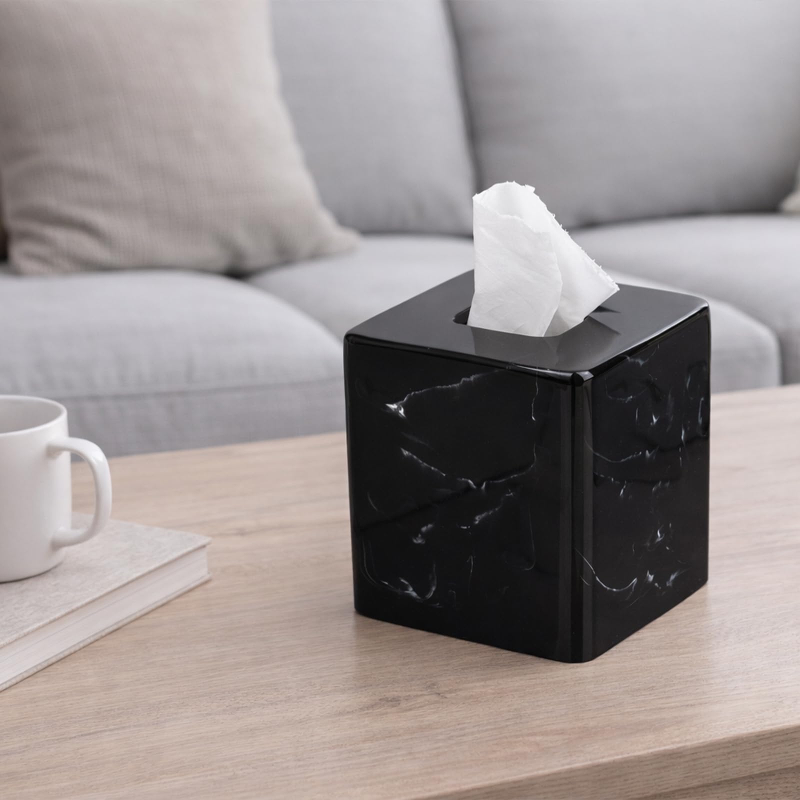 Jung Ford JUNGFORD Square Tissue Box Cover, Facial Napkin Holder for Living Room Office Bathroom, Marble Pattern Made of Resin (Black) - View 4 of 6