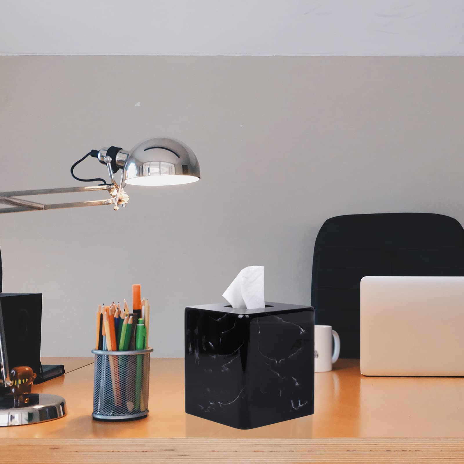 Jung Ford JUNGFORD Square Tissue Box Cover, Facial Napkin Holder for Living Room Office Bathroom, Marble Pattern Made of Resin (Black) - View 5 of 6