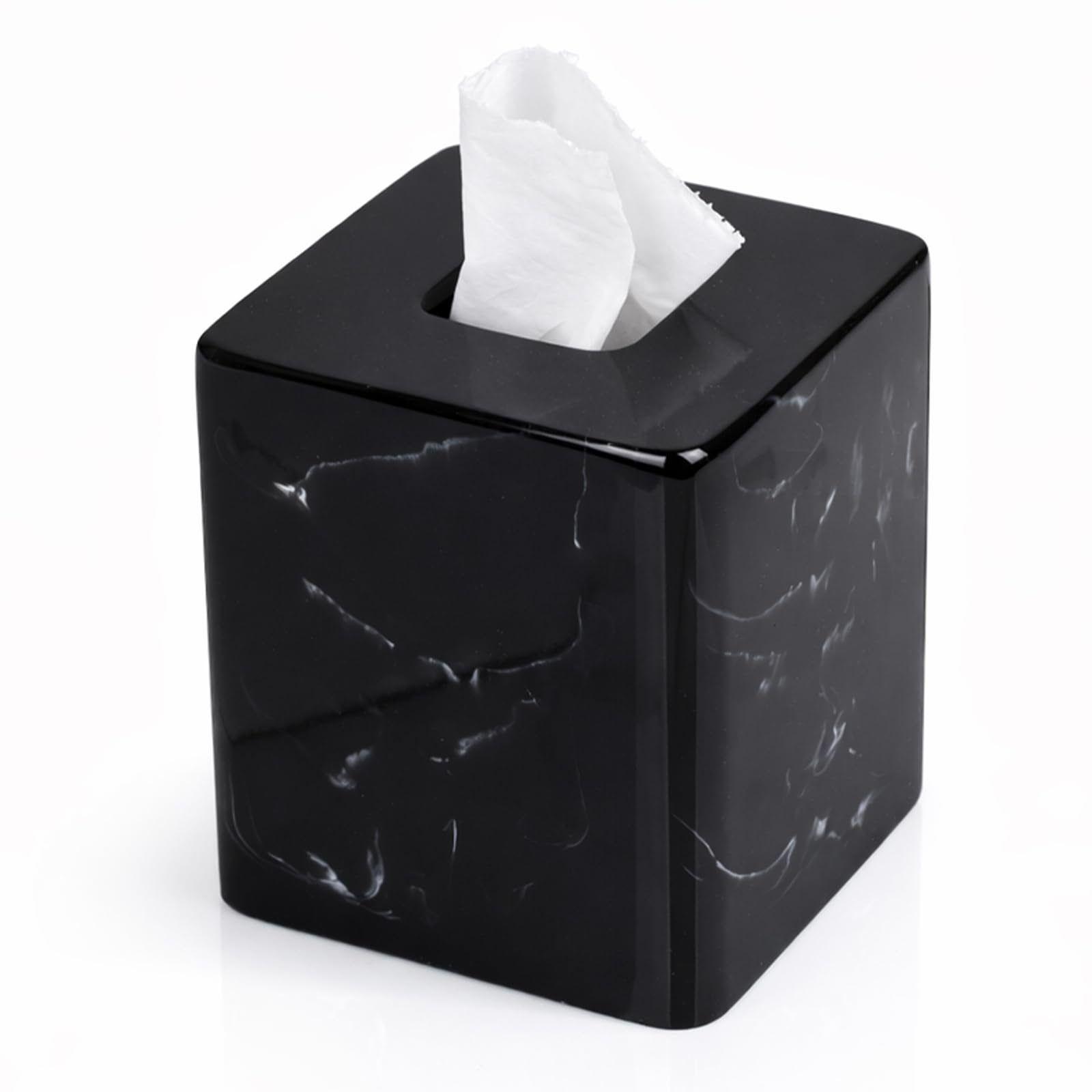 Jung Ford JUNGFORD Square Tissue Box Cover, Facial Napkin Holder for Living Room Office Bathroom, Marble Pattern Made of Resin (Black)
