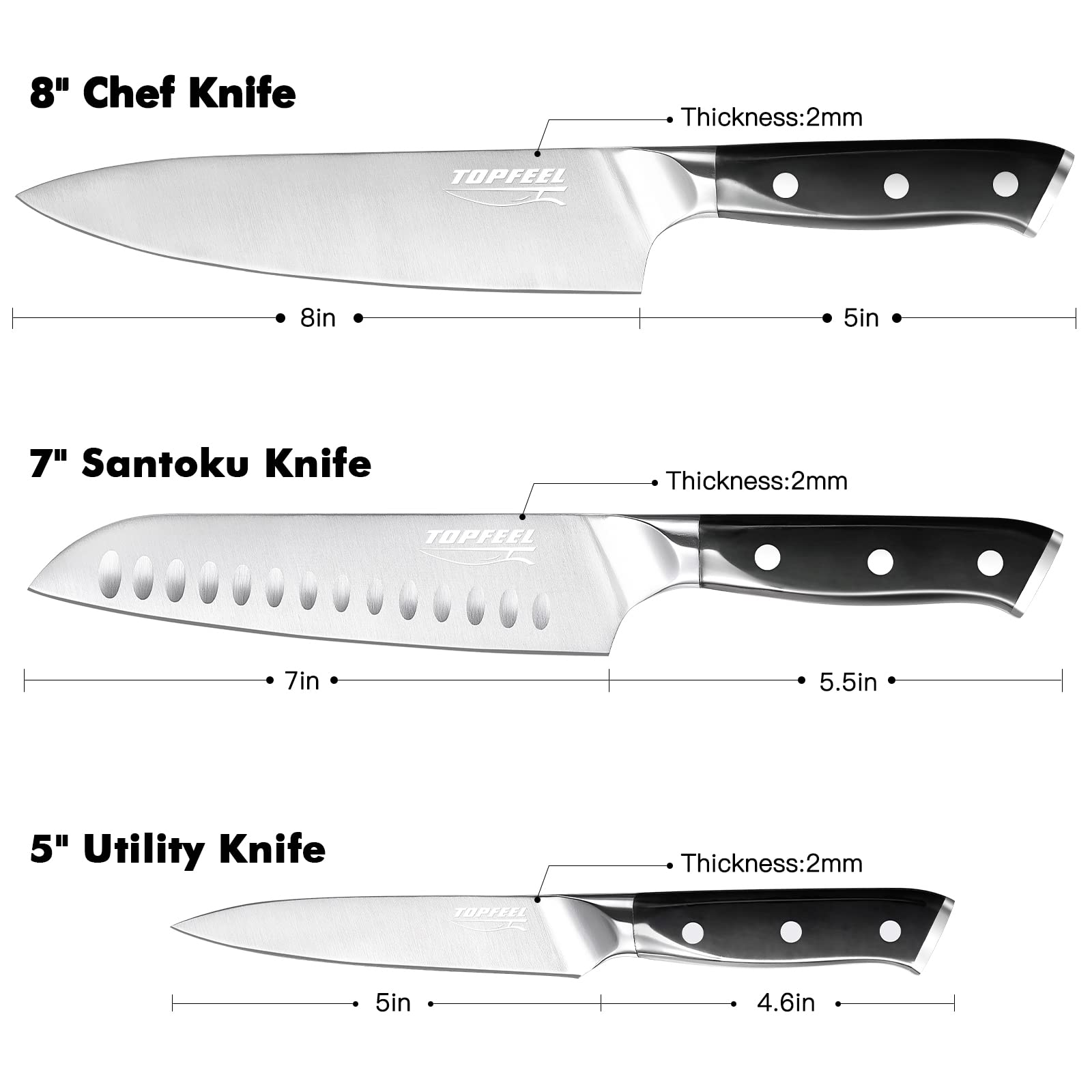 Topfeel Topfeel Professional Chef Knife Set Sharp Knife, German High Carbon Stainless Steel Kitchen Knife Set 3 PCS-8" Chefs Knife and7" Santoku Knifeand5" - View 5 of 6