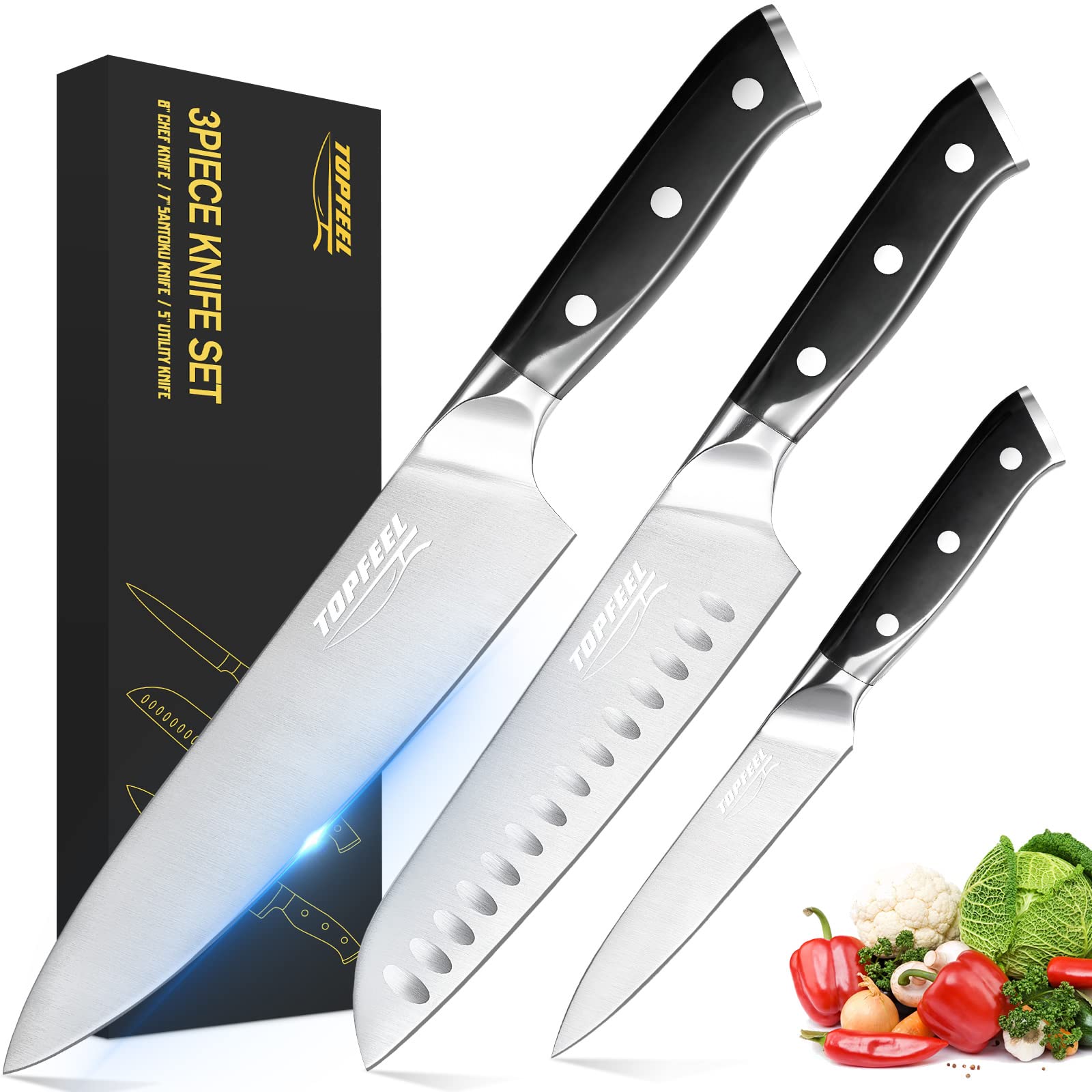 Topfeel Topfeel Professional Chef Knife Set Sharp Knife, German High Carbon Stainless Steel Kitchen Knife Set 3 PCS-8" Chefs Knife and7" Santoku Knifeand5"