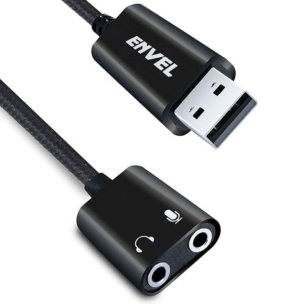 ENVEL ENVEL USB to 3.5mm Audio Adapter External Stereo Sound Card for PS4 PS5 PC Laptop with Built-in Chip Mic Support Black Pro