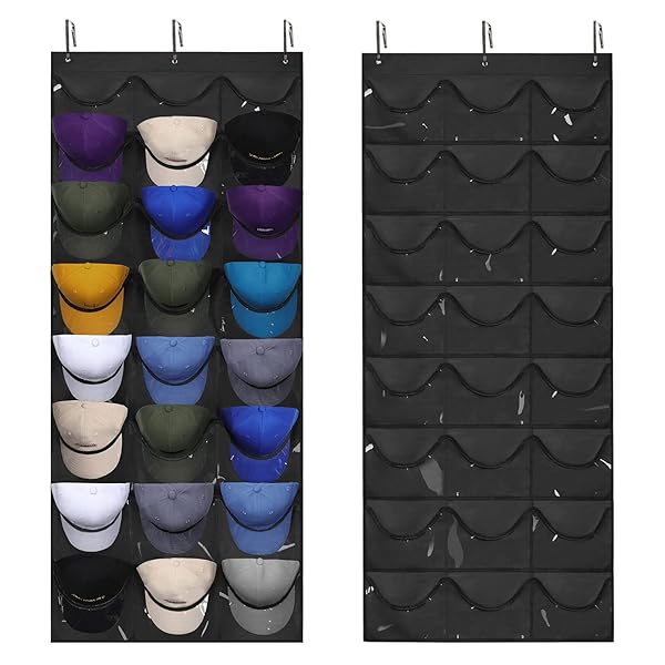 Dofilachy Maximize Space with Dofilachy Hat Organizer Racks: 24 Deep Pockets & 3 Hooks for Baseball Caps on Wall or Door