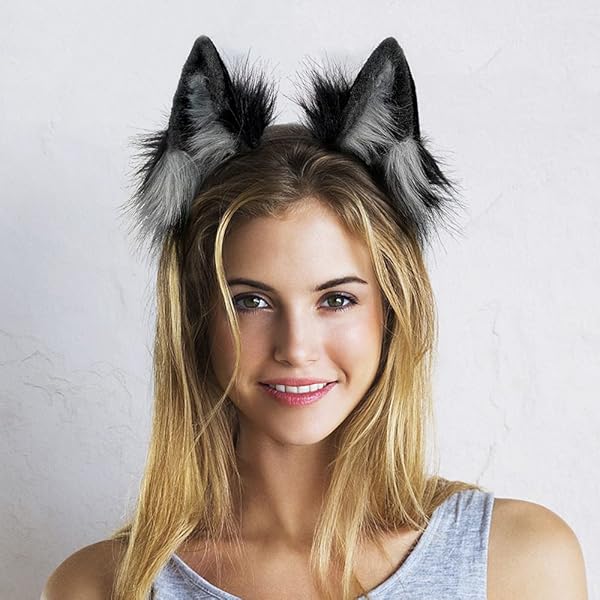 GaliaFaya GaliaFaya Handmade Faux Fur Cat Wolf Fox Dog Ears Headband for Halloween Costume Party Black and Grey - View 3 of 7