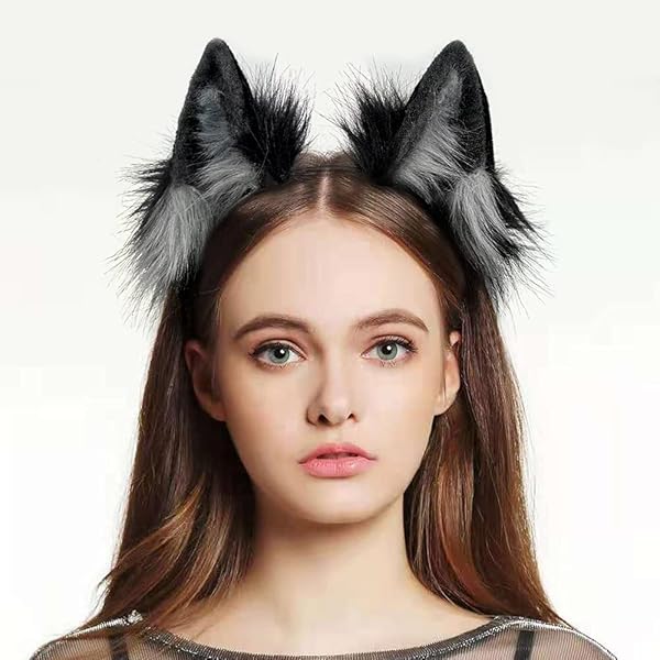 GaliaFaya GaliaFaya Handmade Faux Fur Cat Wolf Fox Dog Ears Headband for Halloween Costume Party Black and Grey - View 4 of 7