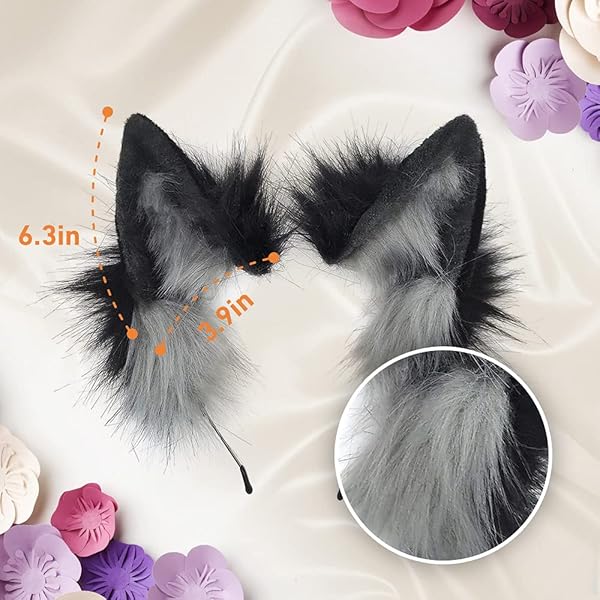 GaliaFaya GaliaFaya Handmade Faux Fur Cat Wolf Fox Dog Ears Headband for Halloween Costume Party Black and Grey - View 6 of 7