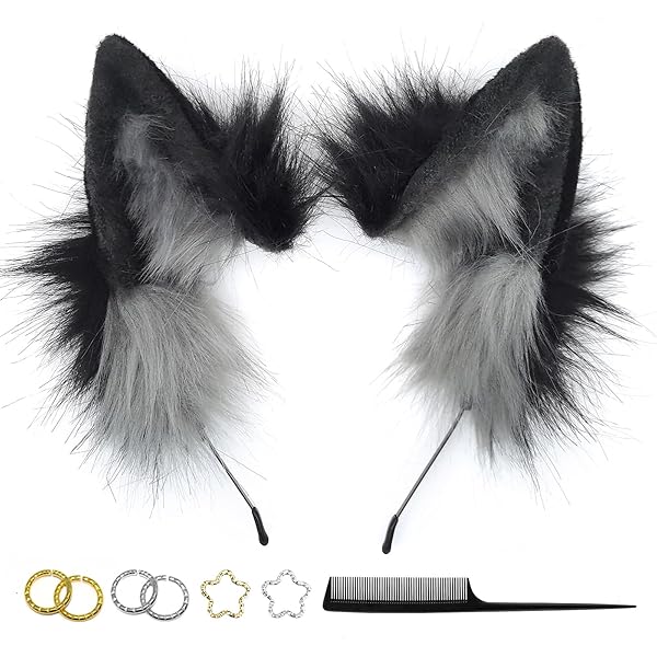 GaliaFaya GaliaFaya Handmade Faux Fur Cat Wolf Fox Dog Ears Headband for Halloween Costume Party Black and Grey - View 2 of 7