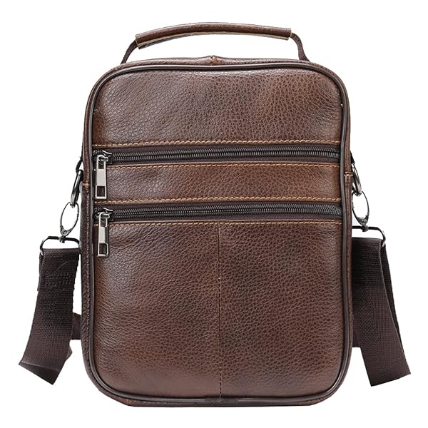 Hebetag Brown Leather Shoulder Handbag Messenger Bag for Men Outdoor Travel Business Crossbody Pack Pouch Camping Casual Daypack Pocket - View 3 of 7