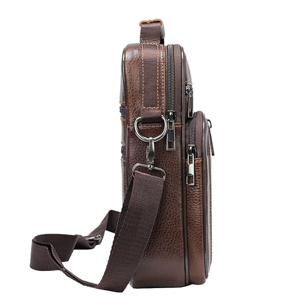 Hebetag Brown Leather Shoulder Handbag Messenger Bag for Men Outdoor Travel Business Crossbody Pack Pouch Camping Casual Daypack Pocket - View 4 of 7