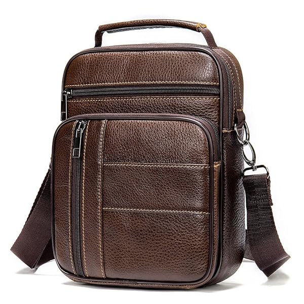 Hebetag Brown Leather Shoulder Handbag Messenger Bag for Men Outdoor Travel Business Crossbody Pack Pouch Camping Casual Daypack Pocket