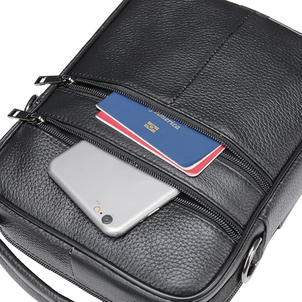 Hebetag Leather Shoulder Handbag Messenger Bag for Men Outdoor Travel Business Crossbody Pack Black Casual Daypack Pouch - View 7 of 8