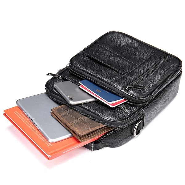 Hebetag Leather Shoulder Handbag Messenger Bag for Men Outdoor Travel Business Crossbody Pack Black Casual Daypack Pouch - View 8 of 8