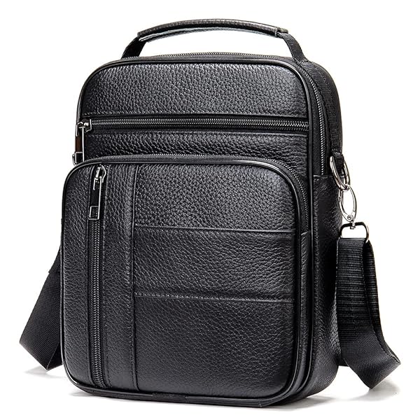 Hebetag Leather Shoulder Handbag Messenger Bag for Men Outdoor Travel Business Crossbody Pack Black Casual Daypack Pouch