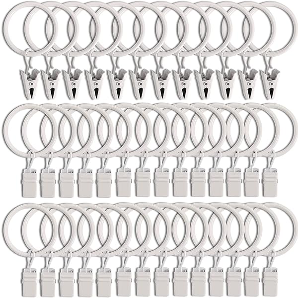 LLPJS LLPJS 40 Pack Curtain Rings with Clips for Drapery and Bows 1.26 Inch Interior Diameter Fits 1 Inch Rod White