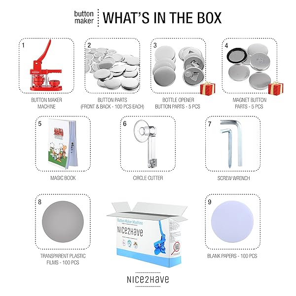 nice2have Nice2Have Button Maker Machine 2.25 inch with 100 Buttons 5 Bottle Openers 5 Fridge Magnets and 500 Free Designs Installation Free Pin Maker - View 3 of 7
