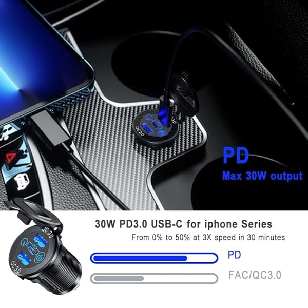 GemCoo PD Type C Car Charger Socket 2 Packs with Dual Quick Charge 3.0 Ports 60W USB C Triple 12V Waterproof Aluminum for Car Boat Marine RV - View 3 of 9