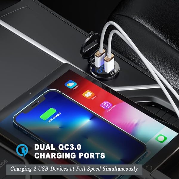 GemCoo PD Type C Car Charger Socket 2 Packs with Dual Quick Charge 3.0 Ports 60W USB C Triple 12V Waterproof Aluminum for Car Boat Marine RV - View 4 of 9