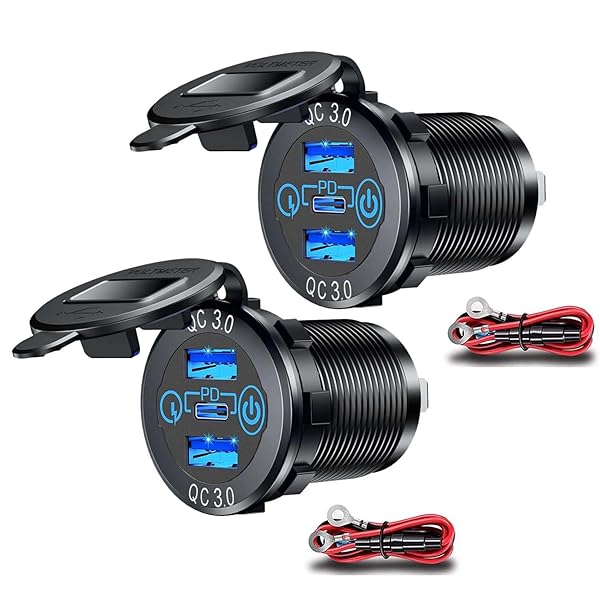 PD Type C Car Charger Socket 2 Packs with Dual Quick Charge 3.0 Ports 60W USB C Triple 12V Waterproof Aluminum for Car Boat Marine RV