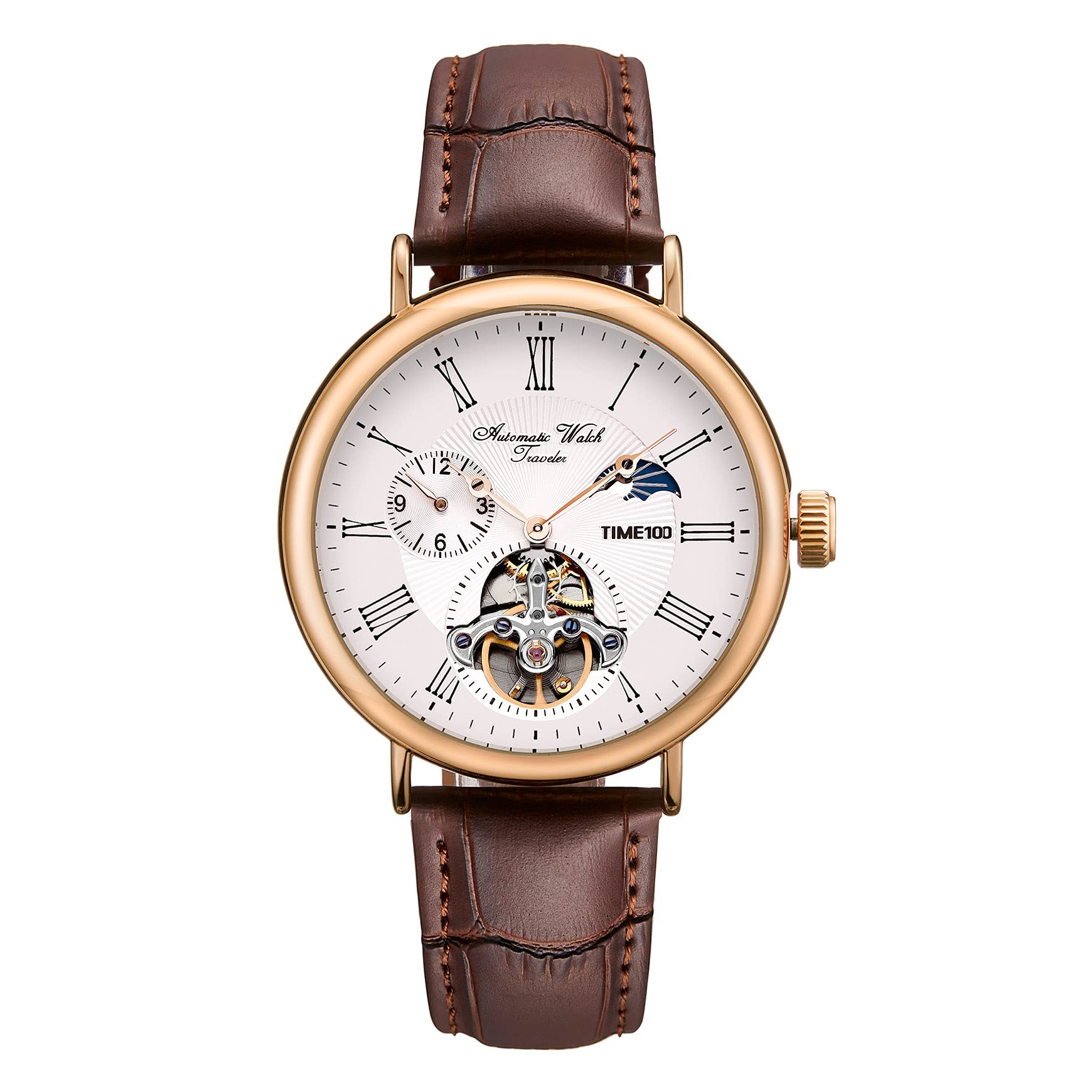 TIME100 TIME100 Men's Luxury Automatic Mechanical Skeleton Tourbillon Leather Watch Waterproof Luminous Moon Phase Dress Wrist Watch - View 2 of 8