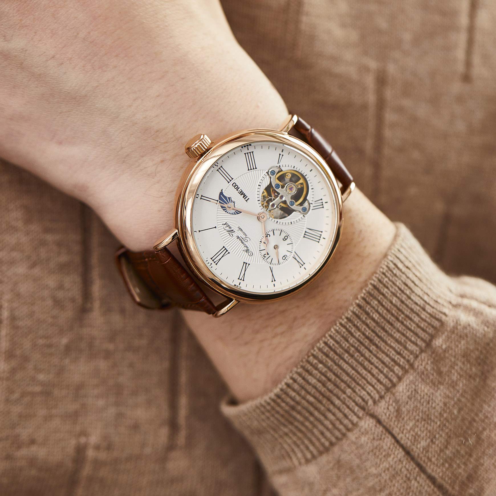 TIME100 TIME100 Men's Luxury Automatic Mechanical Skeleton Tourbillon Leather Watch Waterproof Luminous Moon Phase Dress Wrist Watch - View 3 of 8