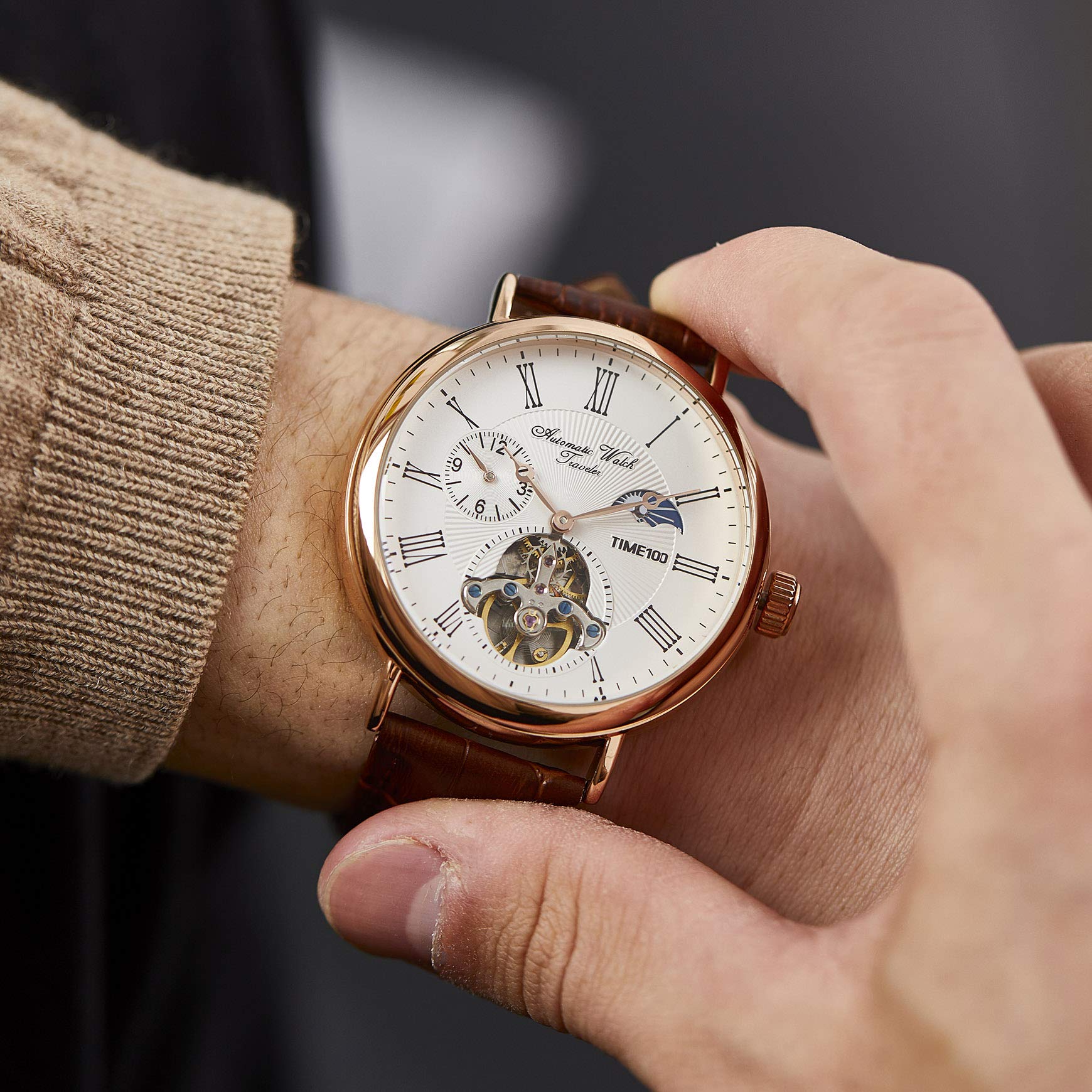 TIME100 TIME100 Men's Luxury Automatic Mechanical Skeleton Tourbillon Leather Watch Waterproof Luminous Moon Phase Dress Wrist Watch - View 4 of 8