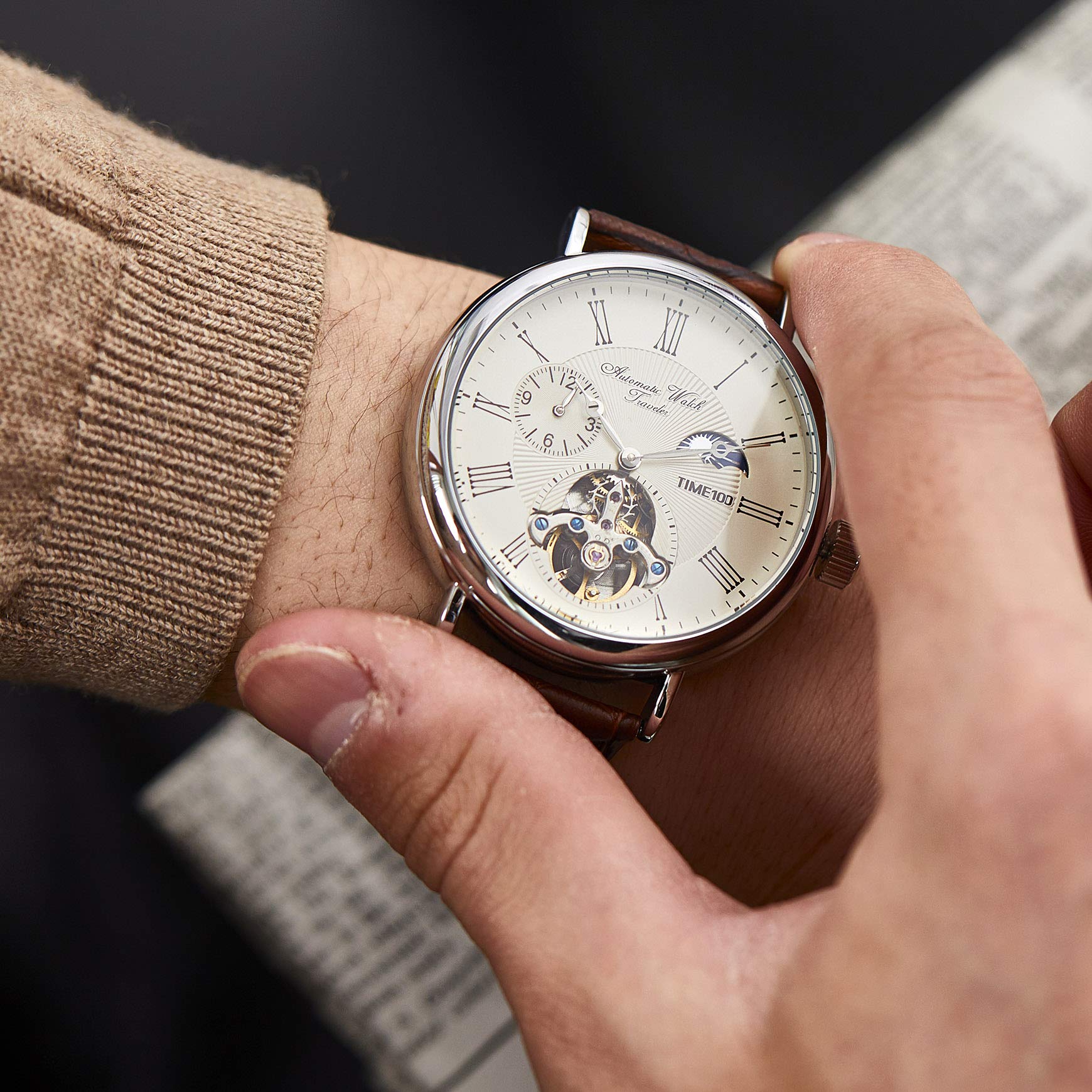 TIME100 TIME100 Men's Luxury Automatic Mechanical Skeleton Tourbillon Leather Watch Waterproof Luminous Moon Phase Dress Wrist Watch - View 5 of 8