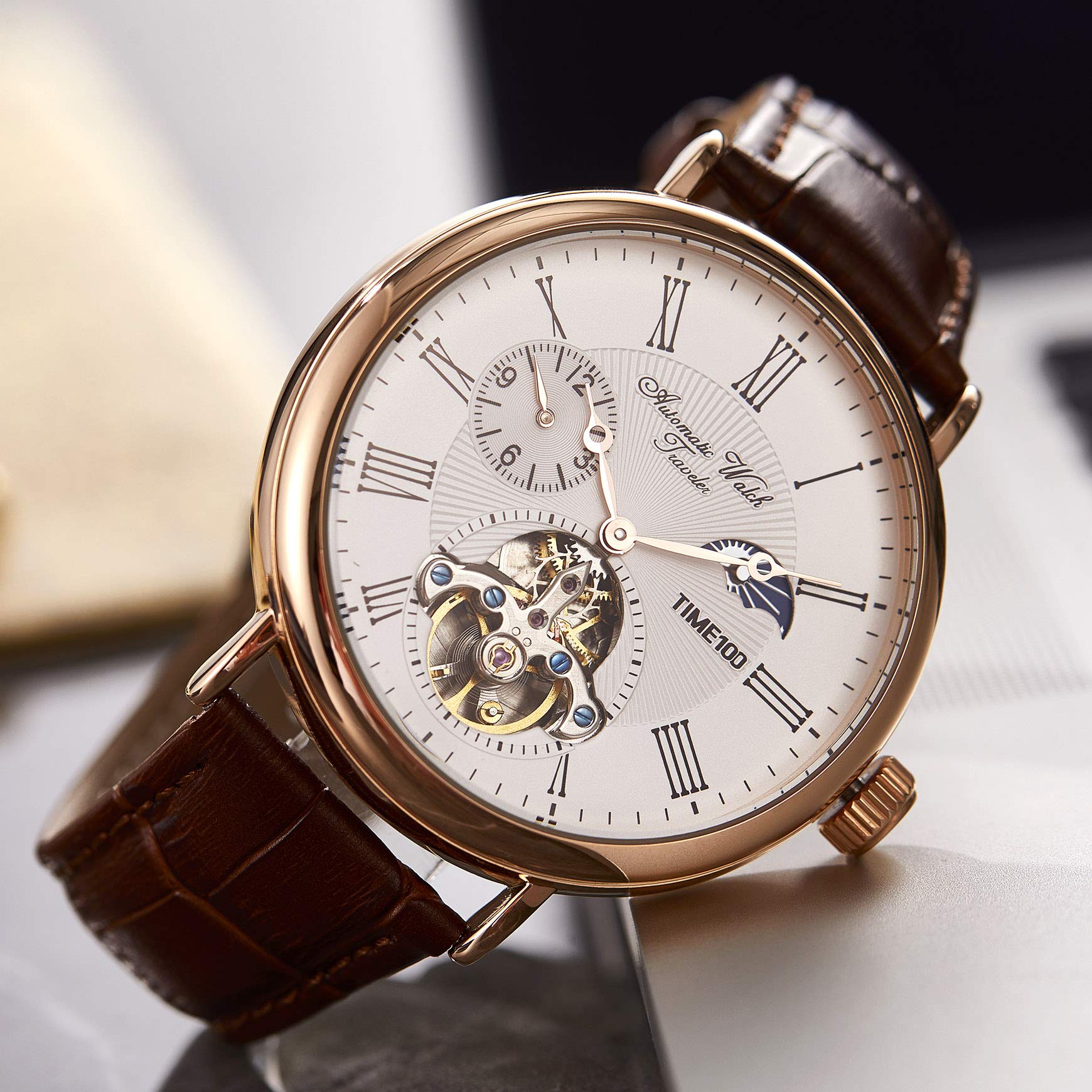 TIME100 TIME100 Men's Luxury Automatic Mechanical Skeleton Tourbillon Leather Watch Waterproof Luminous Moon Phase Dress Wrist Watch - View 6 of 8