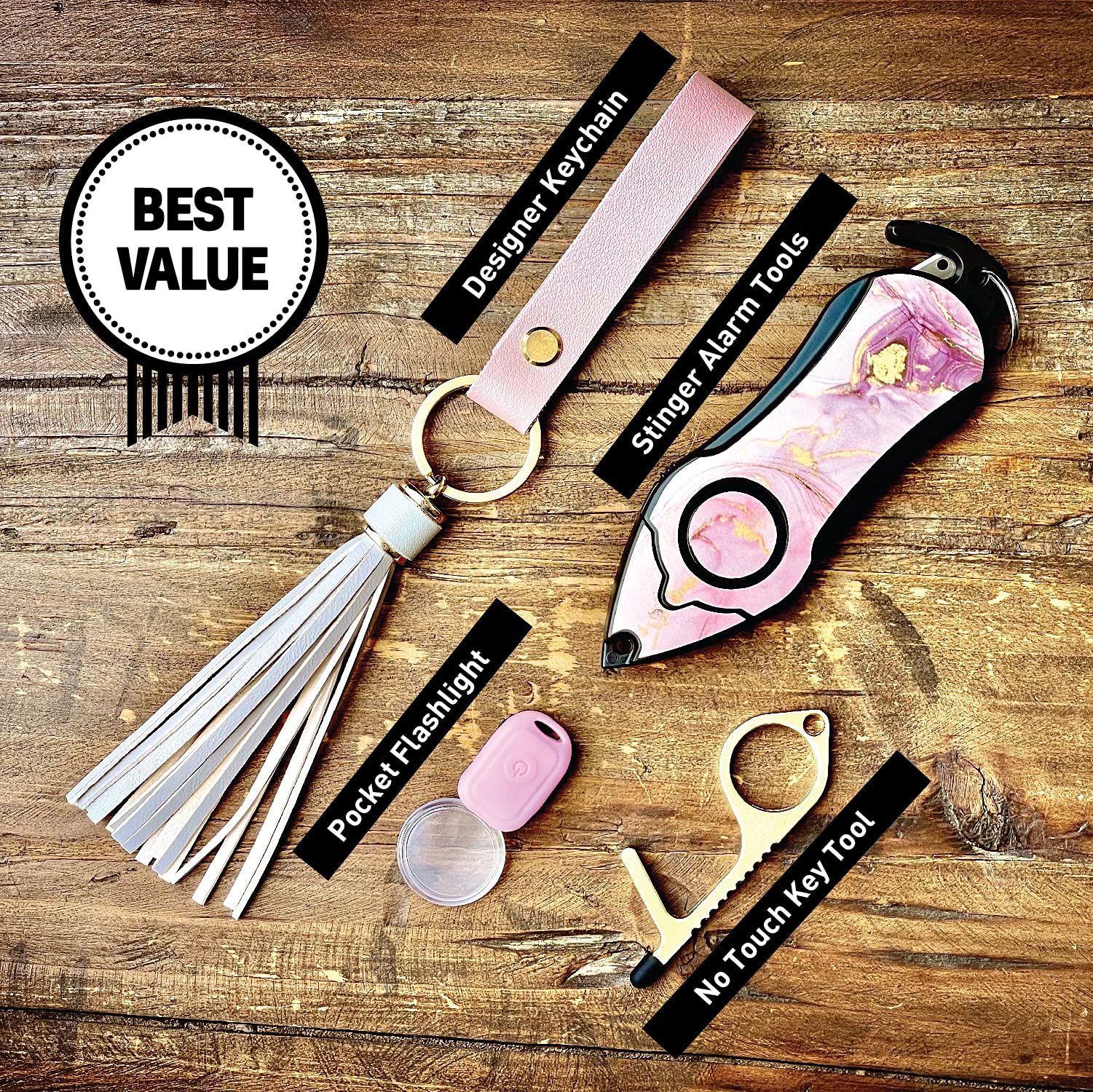 Stinger Stinger Personal Alarm Keychain Set with Safety Panic Alarm Siren Seatbelt Cutter Window Breaker and More in Pink Marble - View 2 of 9