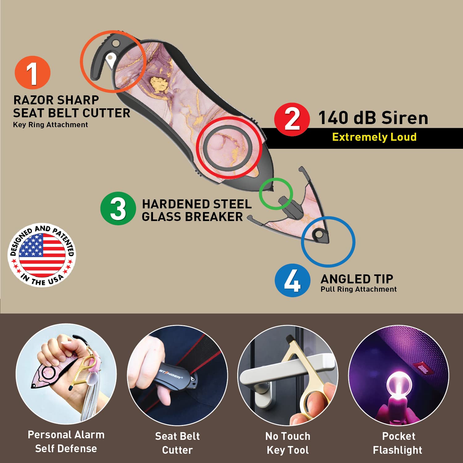 Stinger Stinger Personal Alarm Keychain Set with Safety Panic Alarm Siren Seatbelt Cutter Window Breaker and More in Pink Marble - View 3 of 9
