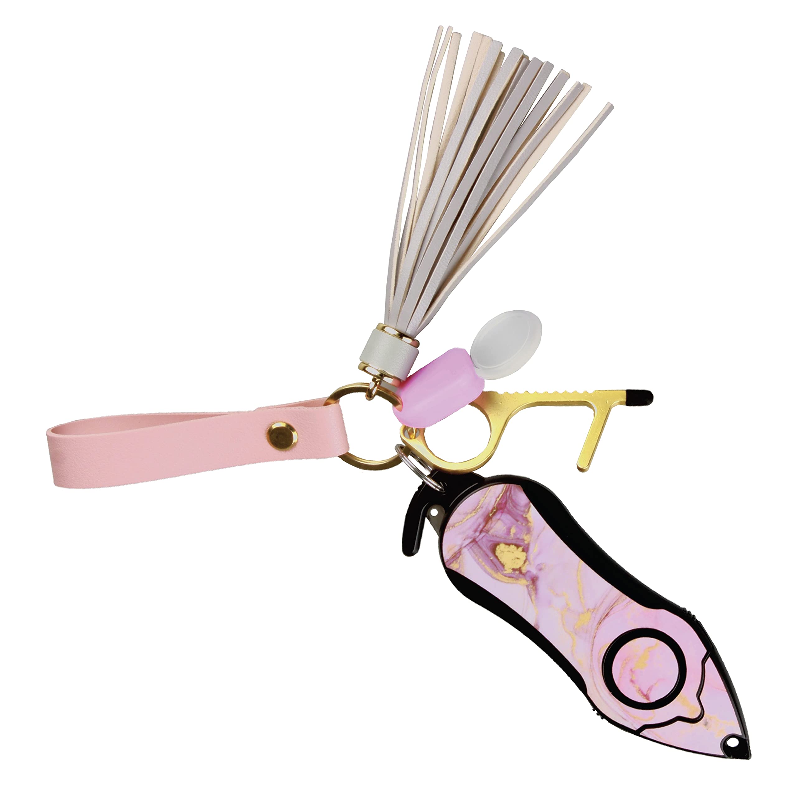Stinger Personal Alarm Keychain Set with Safety Panic Alarm Siren Seatbelt Cutter Window Breaker and More in Pink Marble