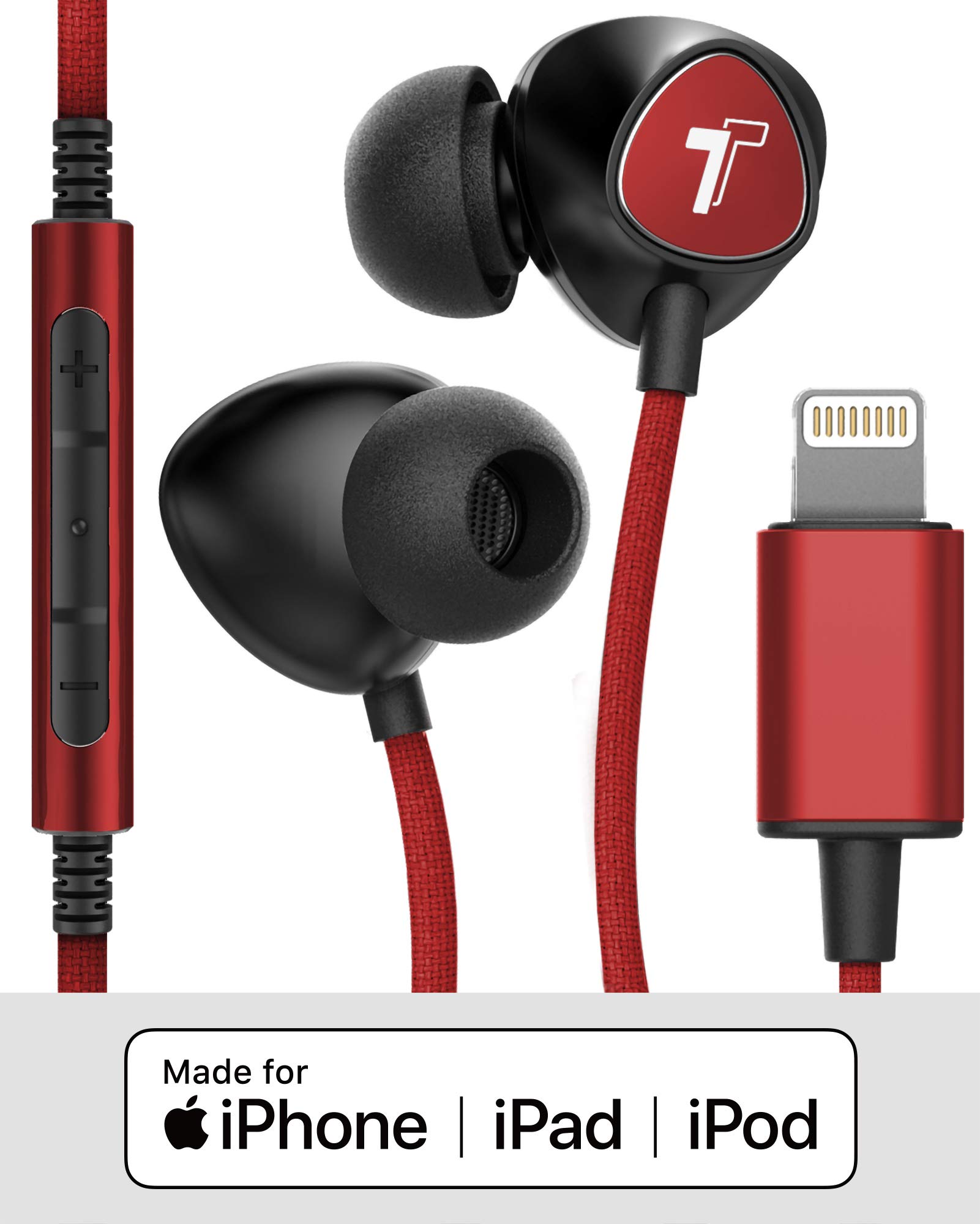 Thore Thore iPhone Earphones (Apple MFi Certified) V110 in Ear Braided Wired Lightning Earbuds (Sweat/Water Resistant) Headphones with Mic/Volume Remote for iPhone 12/13/14 Pro Max - Red - View 5 of 7