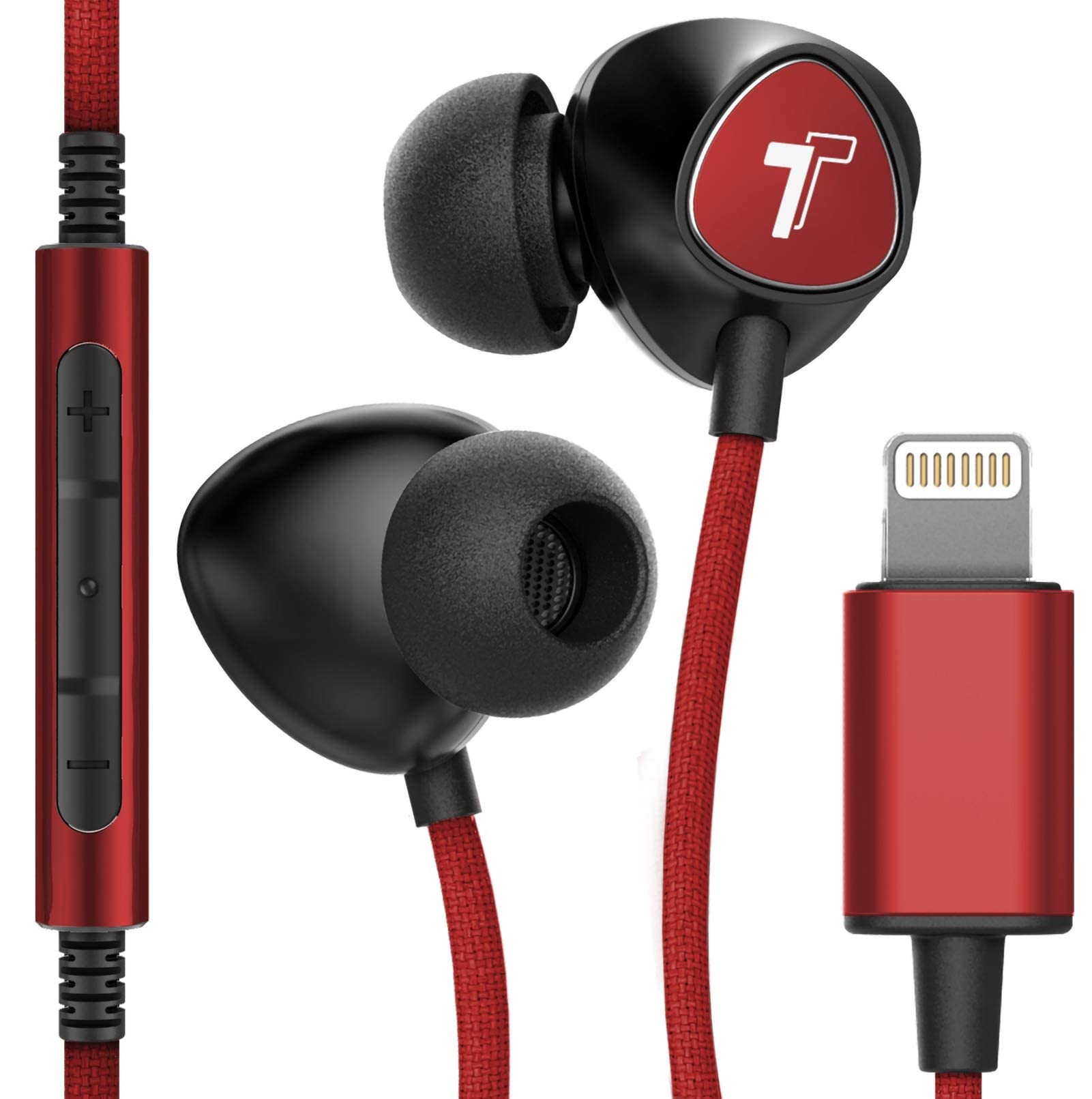 Thore Thore iPhone Earphones (Apple MFi Certified) V110 in Ear Braided Wired Lightning Earbuds (Sweat/Water Resistant) Headphones with Mic/Volume Remote for iPhone 12/13/14 Pro Max - Red