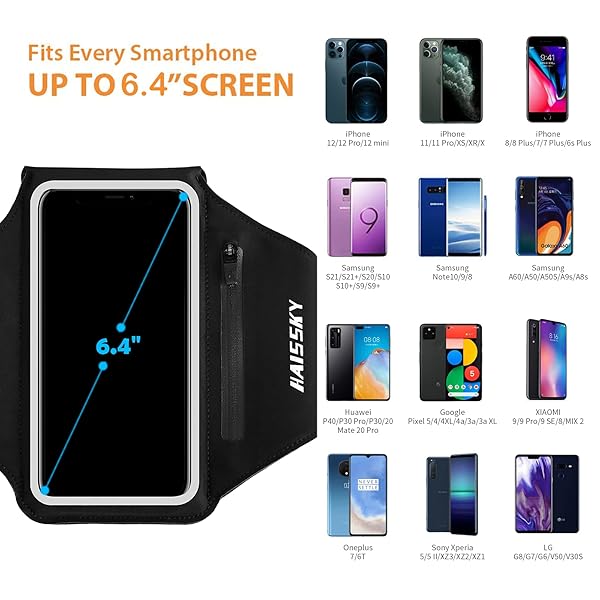 HAISSKY Water Resistant Running Armband with Earphone Bag for iPhone 14 13 12 Pro Galaxy S21 S20 Fits 6.4 inch Phone with Zipper Slot for Keys - View 6 of 9