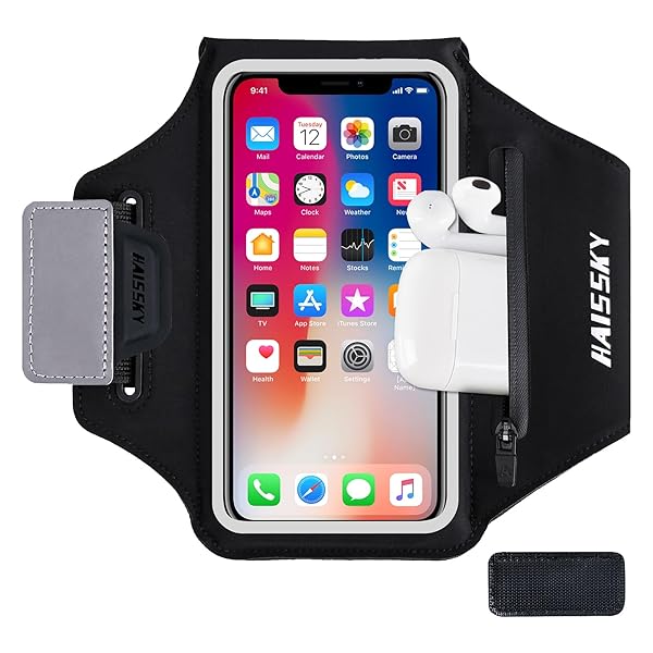 HAISSKY Water Resistant Running Armband with Earphone Bag for iPhone 14 13 12 Pro Galaxy S21 S20 Fits 6.4 inch Phone with Zipper Slot for Keys