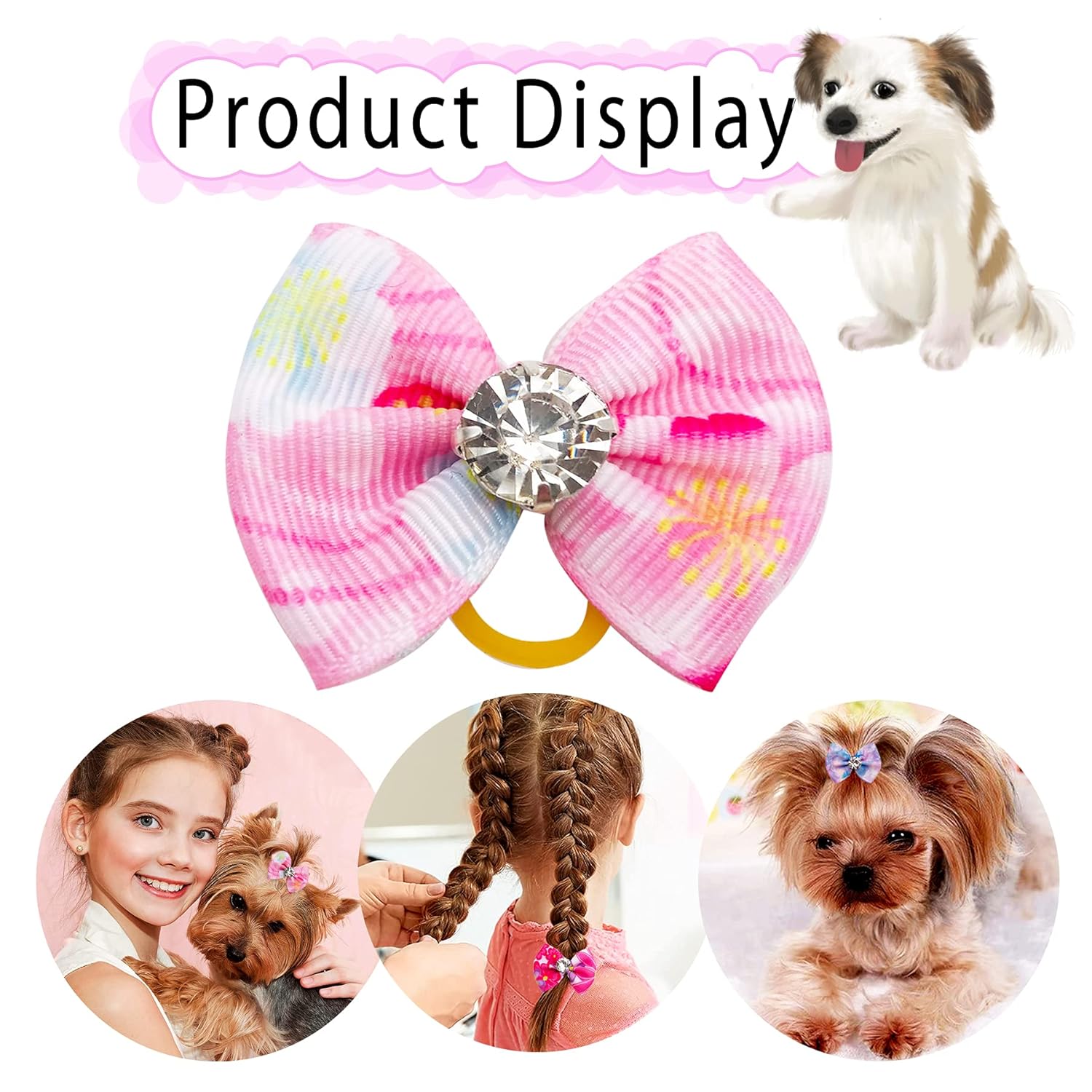 JpGdn 24PCS Small Dog Hair Bows with Rubber Bands Rhinestone Grooming Accessories for Puppies Cats and Bunnies - View 2 of 7